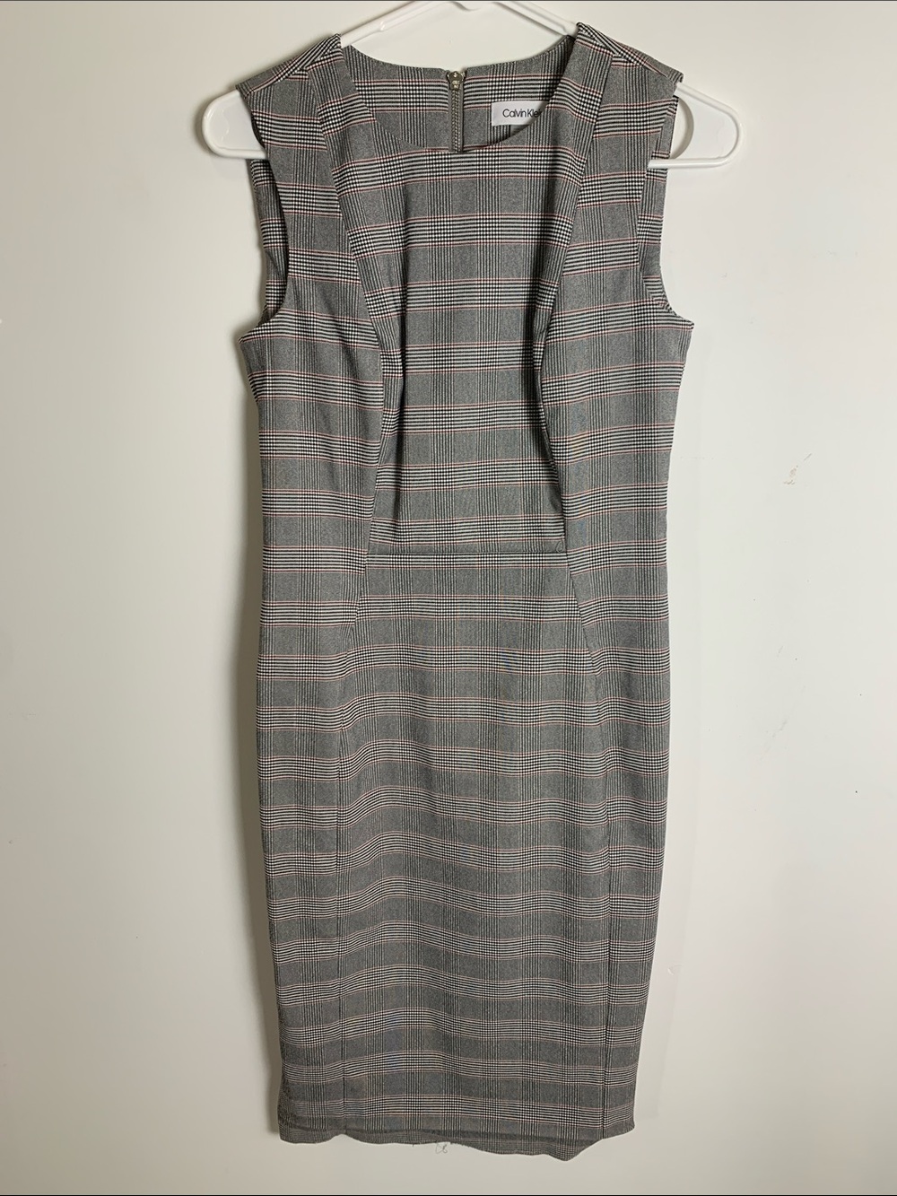 Calvin Klein Gray Plaid Midi Sheath Dress with Pink Windowpane